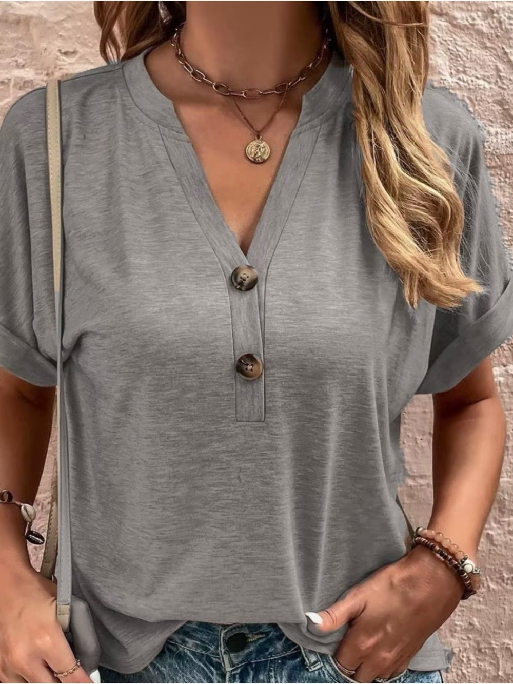 women's Grey Button Henley Top - Casual Short Sleeve